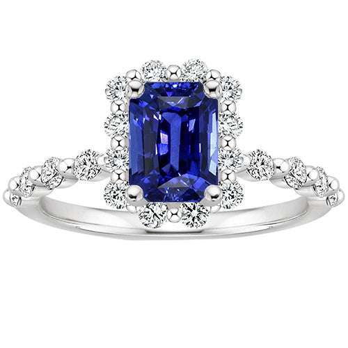 Halo Ring Flower Style Radiant Blue Sapphire & Diamond New High Quality Wedding