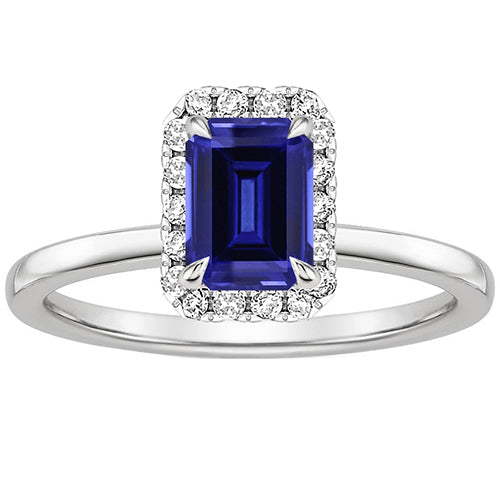 High Quality Wedding Halo Ring Sri Lankan Sapphire & Diamond Emerald Cut