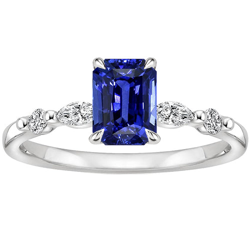 High Quality Wedding Engagement Ring 5 Stones Radiant Ceylon Sapphire & Diamond