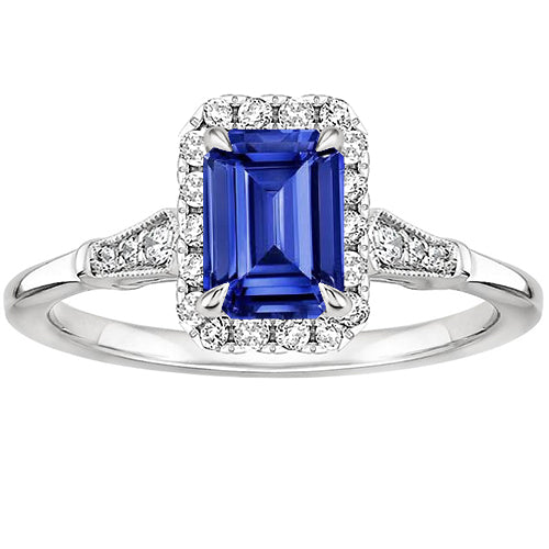 New Stylish Vintage Style Halo Ring Emerald Ceylon Sapphire & Diamond