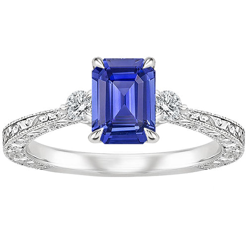New Stylish Best Engagement Ring 3 Stones Emerald Blue Sapphire & Diamond
