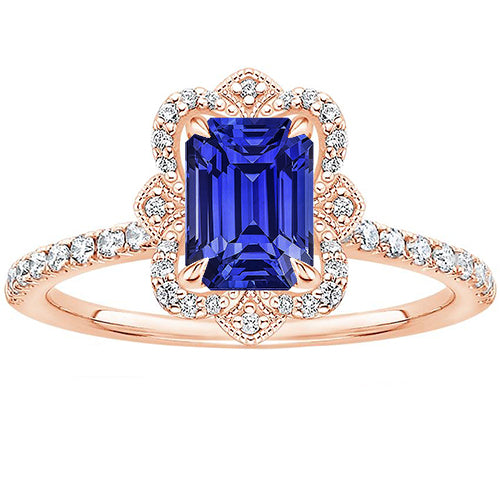 Women Jewelry Sparkling Unique Halo Ring Flower Style Emerald Blue Sapphire & Diamond
