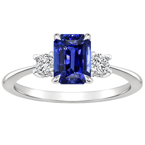 Women Jewelry Sparkling Unique 3 Stones Engagement Ring Emerald Blue Sapphire & Diamond