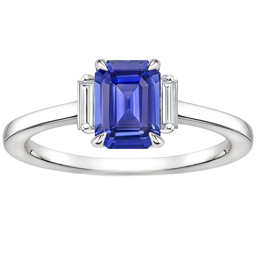 Sparkling Unique Lady’s Three Stones Ring Emerald Blue Sapphire & Baguette Diamonds