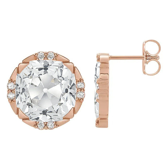 Rose Gold Diamond Stud Earrings Round Old Mine Cut 7 Carats