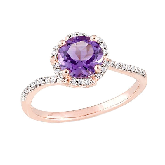 Women Jewelry Sparkling Round Amethyst With Diamond Ring Rose Gold Gemstone