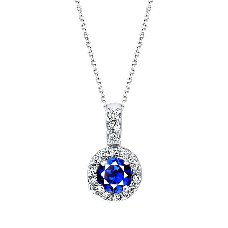 Round Blue Sapphire & Diamond Halo Pendant