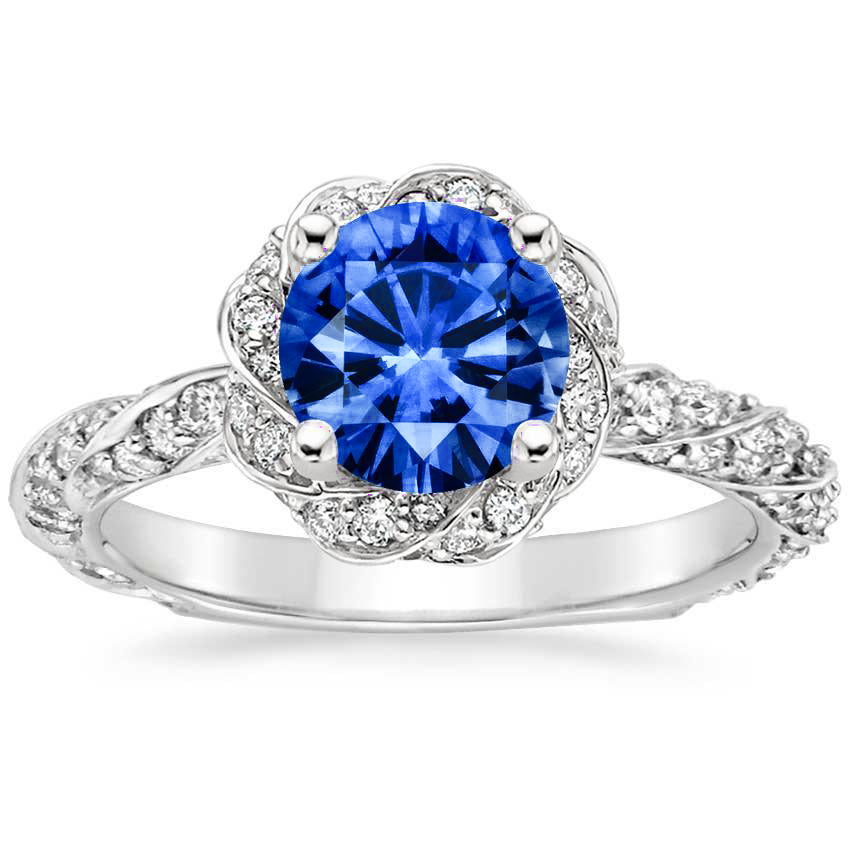 Fancy Lady’s Round Ceylon Sapphire Gem Stone Diamond Ring White Gold