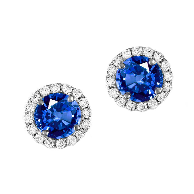 Round Ceylon Sapphire Stud Earring Halo Natural Earth Mined Diamond Gold 2.30 Ct