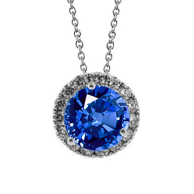 Round Ceylon Sapphire & Natural Earth Mined Diamond Pendant Necklace 3.50 Carat WG 14K