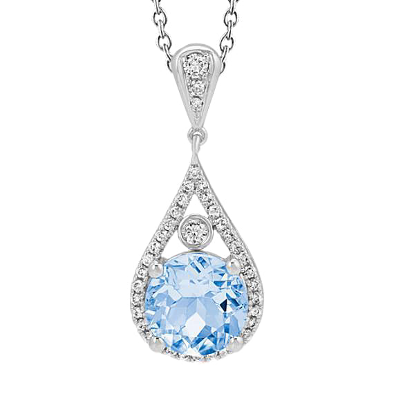 Round Cut 11.25 Ct Aquamarine With Natural Earth Mined Diamonds Pendant 14K White Gold