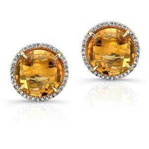 Round Cut Madeira Citrine & Diamond Stud Earrings Yellow Gold