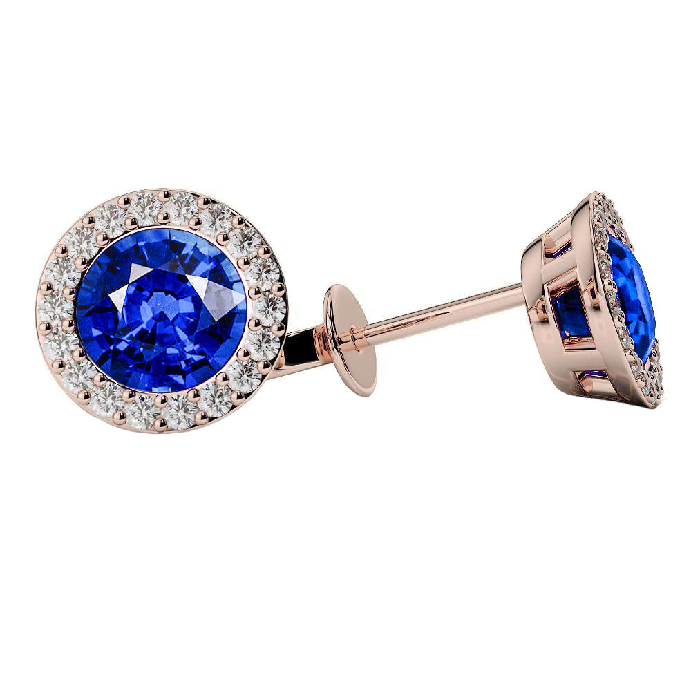 Round Cut 5.90 Carats Sapphire With Natural Earth Mined Diamonds Women Studs Halo 14K RG