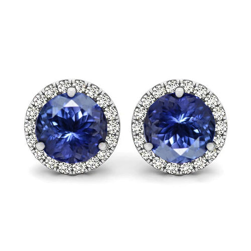 Round Cut Woman's Weeding Anniversary Tanzanite And Diamonds Studs Earrings New