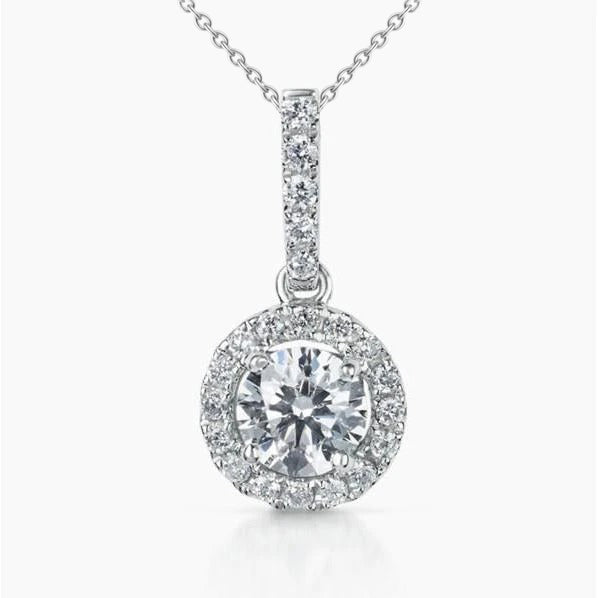 Round Cut Natural Earth Mined Diamond Pendant Necklace 1.71 Carats White Gold 14K