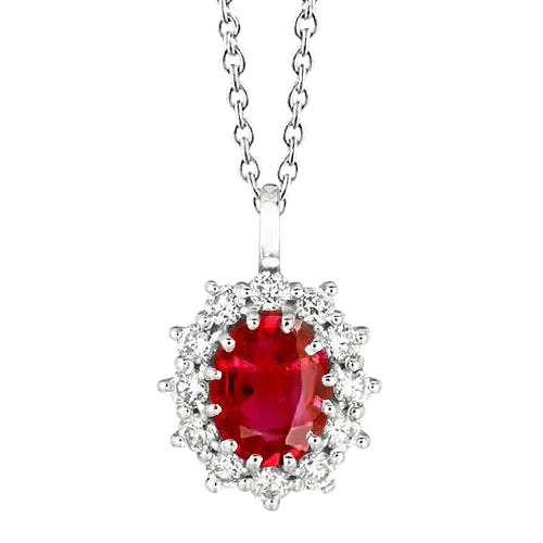 Round Natural Earth Mined Diamond And Oval Ruby Necklace Pendant 3.50 Carat WG 14K