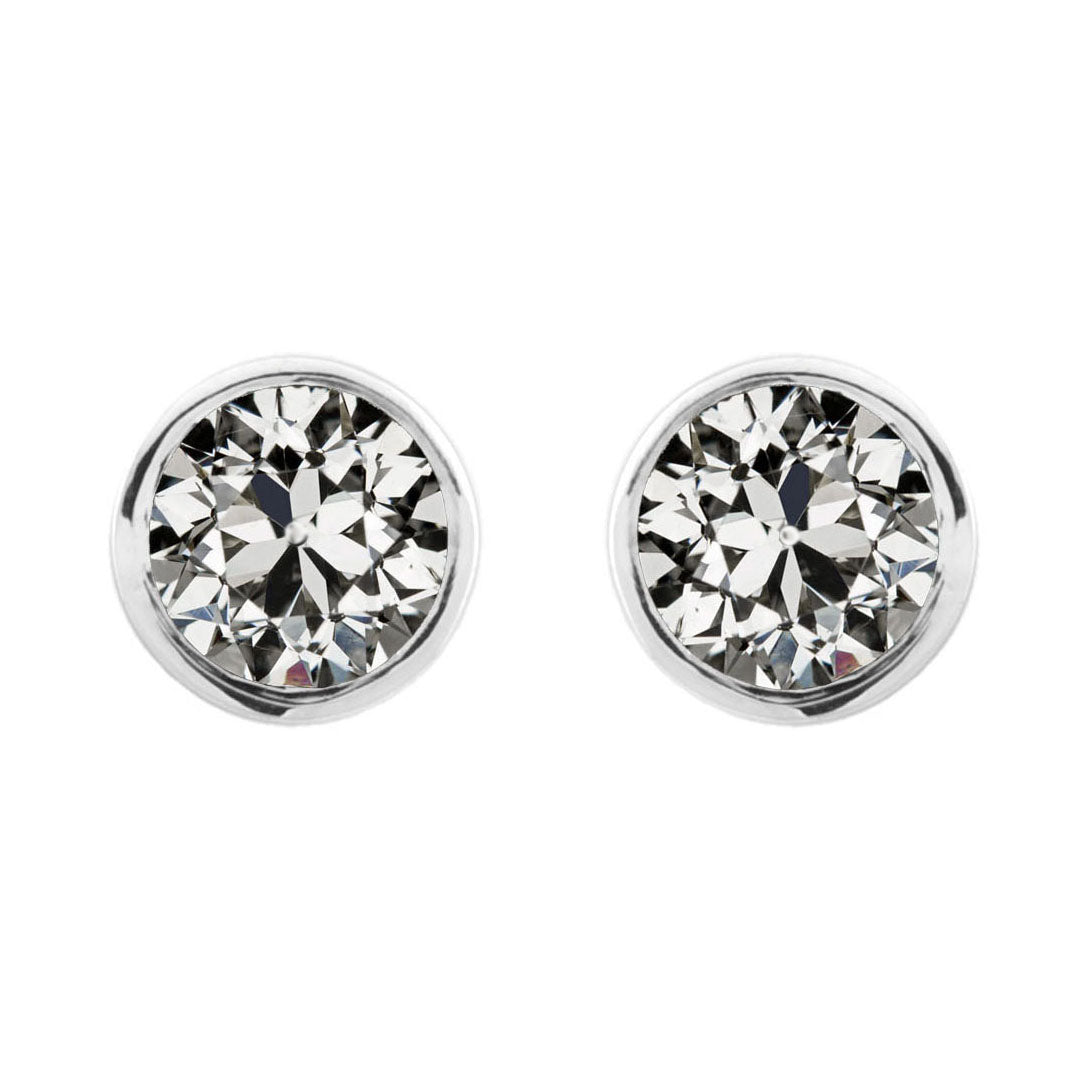 Round Diamond Old Mine Cut Stud Earring Bezel Set Gold 4 Carats