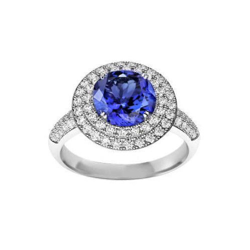 Round Genuine Tanzanite Natural Earth Mined Diamonds Split Fancy Ring 2.65 Carats