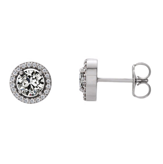 Round Halo Diamond Old Cut Stud Earrings Prong Set 2.50 Carats