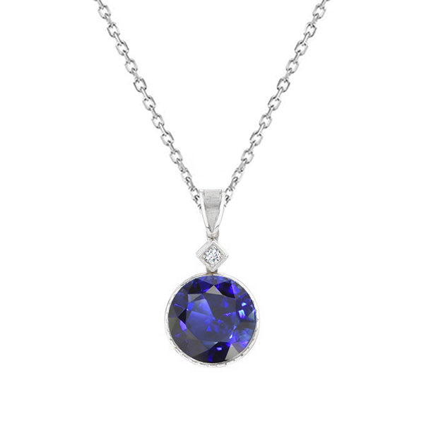 Round Natural Blue Sapphire & Diamond Pendant