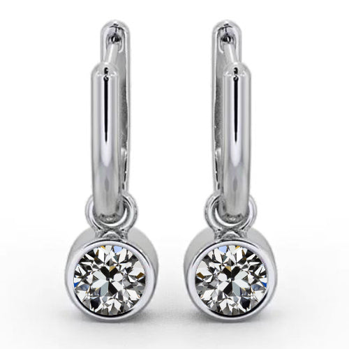 Round Old Cut Diamond Drop Earrings 1 Carat Bezel Set