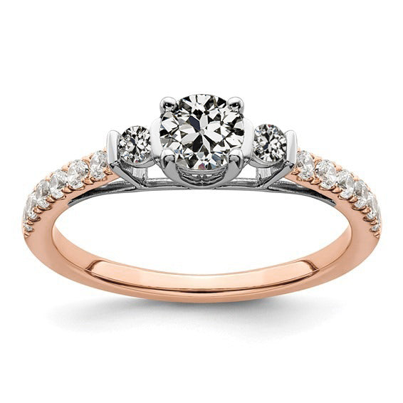 White Round GOld Anniversary Old Cut Diamond Ring Cathedral Bar Set Two Tone