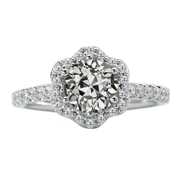 Round Old Cut Solitaire Ring Flower Style With Accents 3 Carats