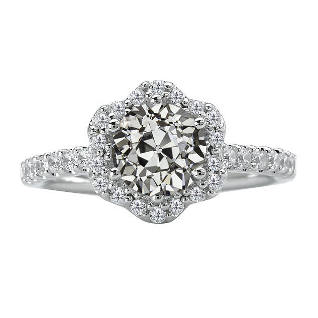 Round Old Cut Solitaire Ring Flower Style With Accents 3 Carats