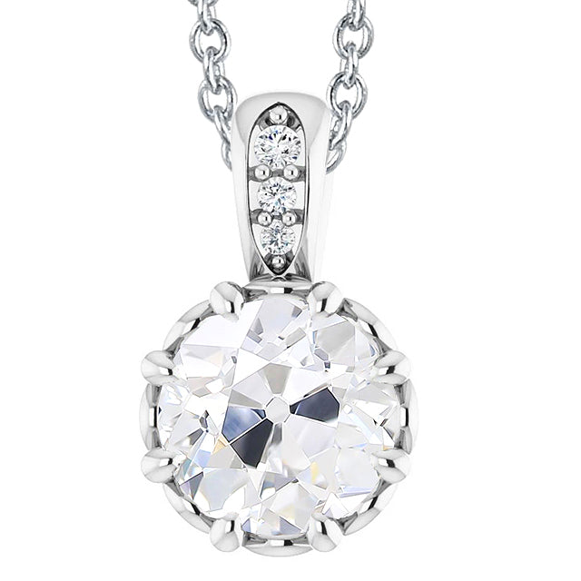 Old Miner Cut Diamond Pendant White Gold Prong Set