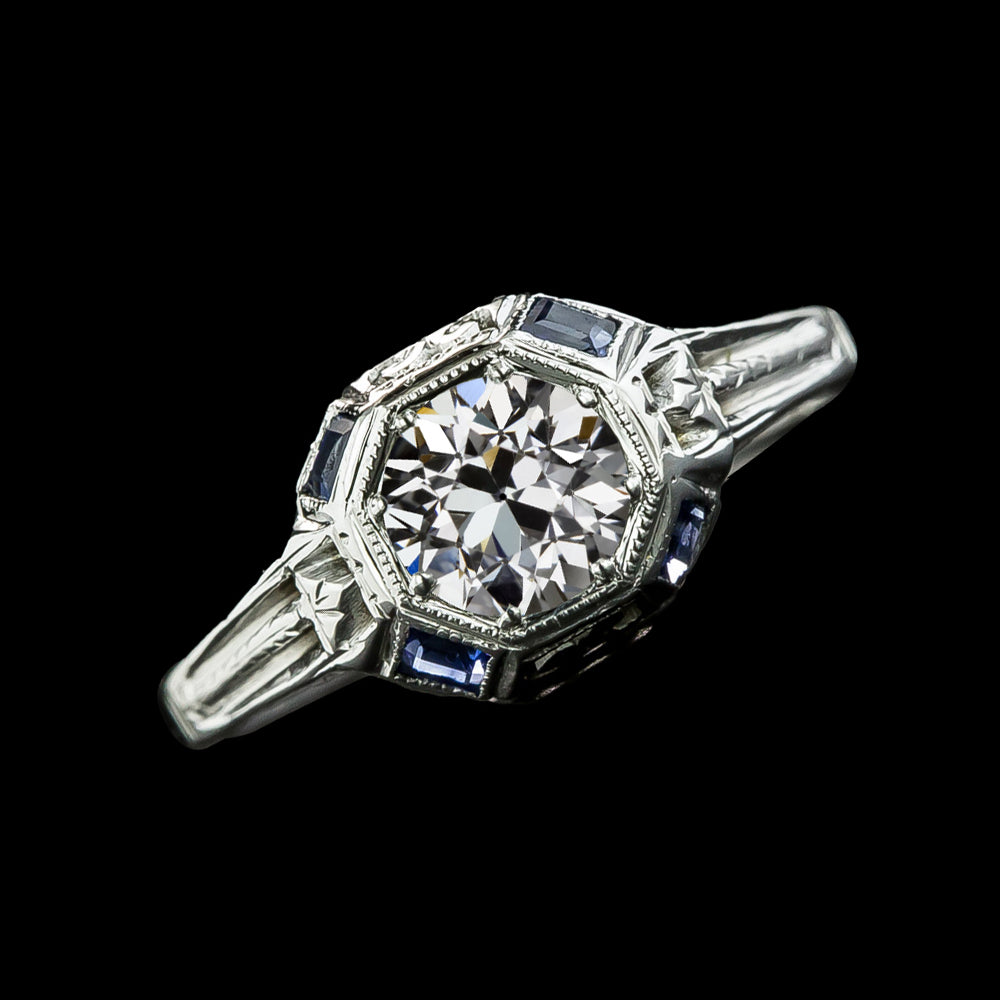 Vintage Style Round Old Mine Cut Diamond Baguette Ceylon Sapphire Ring