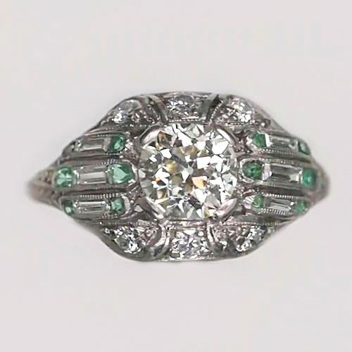 Lady’s Round Anniversary Round Old Mine Cut Diamond Ring Green Sapphires