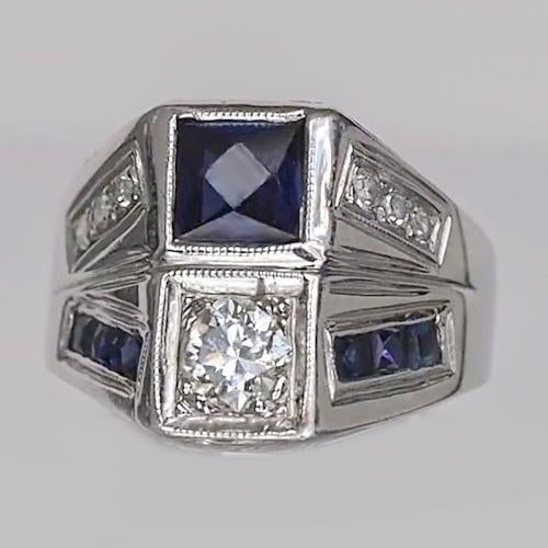 Princess Blue Sapphire Round Old Mine Cut Diamond Ring