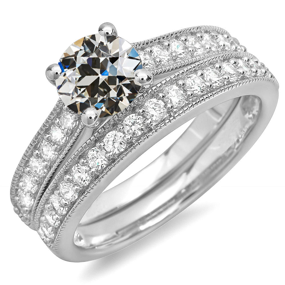 Round Old Mine Cut Diamond Wedding Ring Set