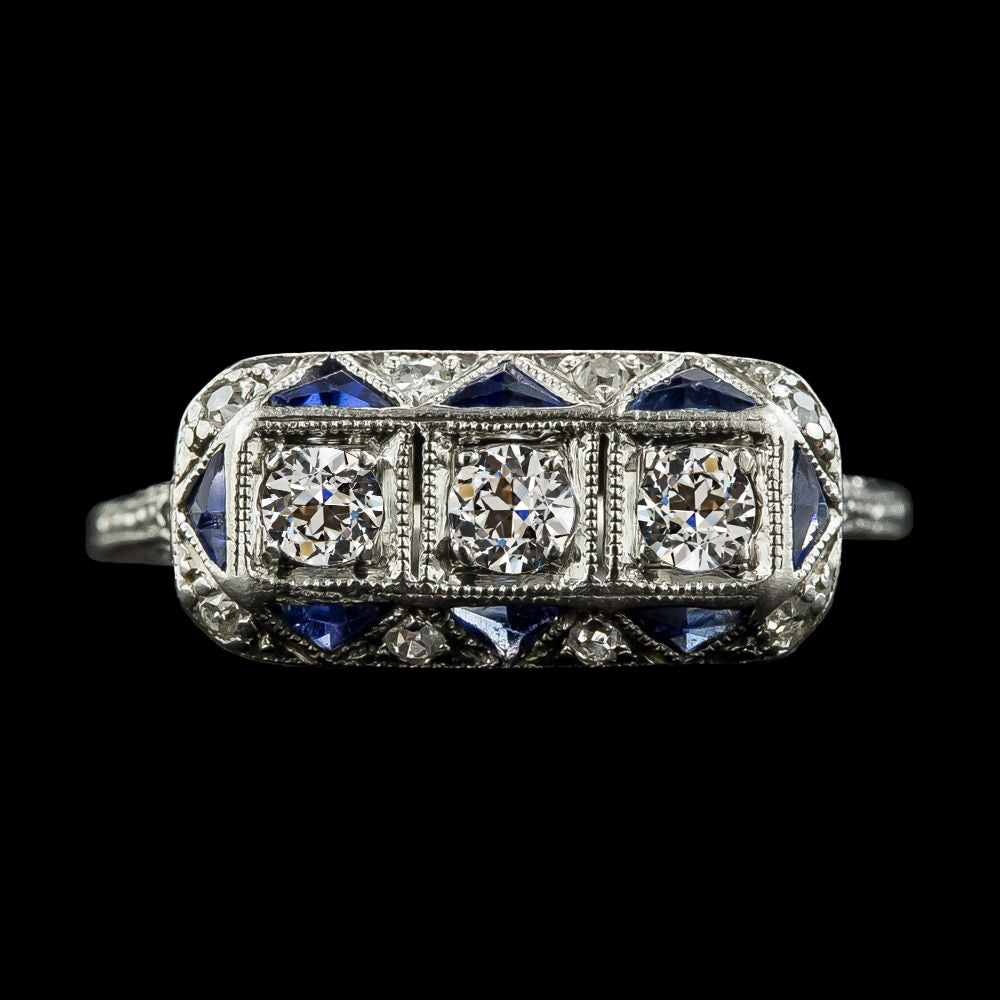 Old Miner Cut Diamond Sapphire Gemstone Ring