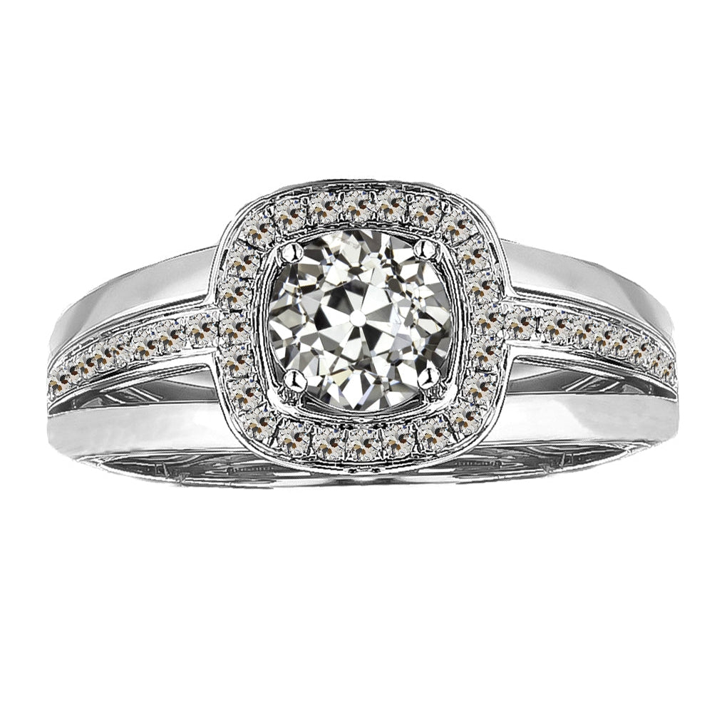Round Old Mine Cut Halo Diamond Ring 3 Carats White Gold 14K