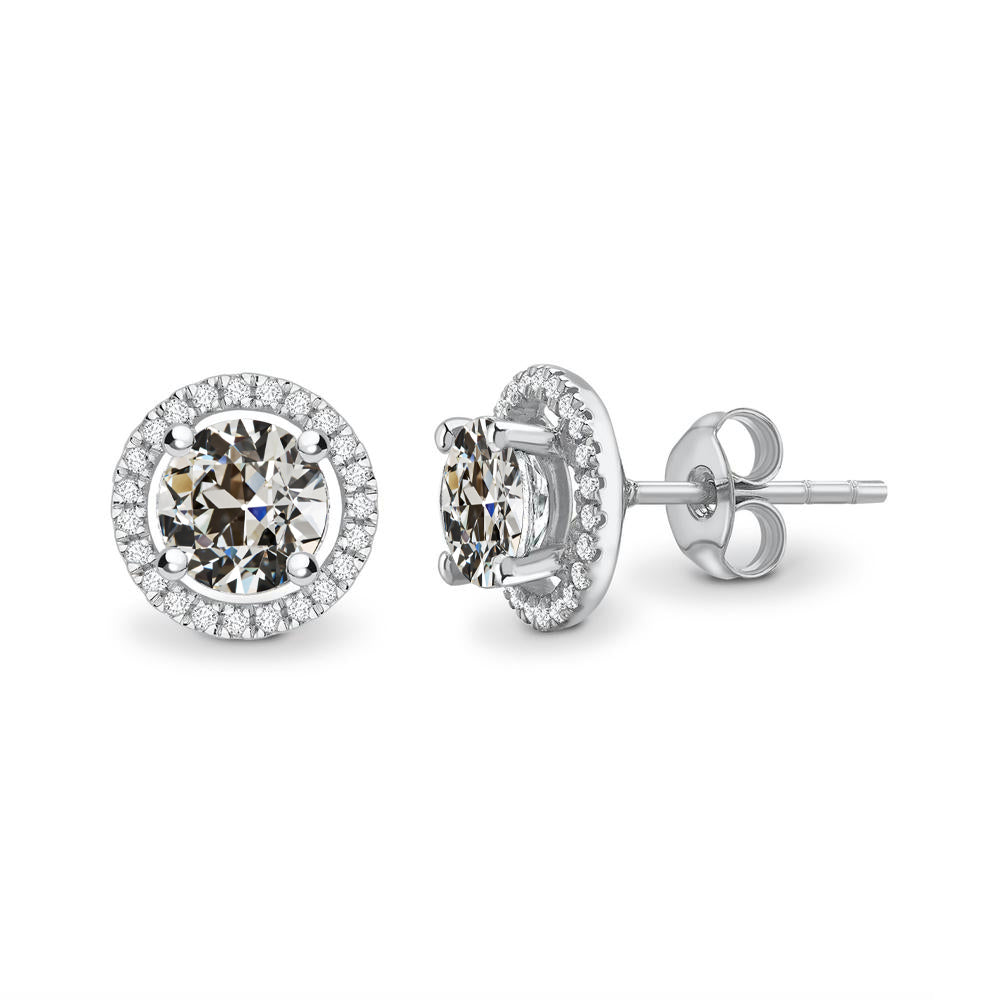 Round Old Mine Cut Halo Real Diamond Stud Earrings Prong Set 4 Carats