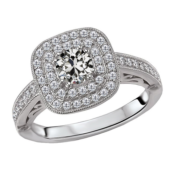 2.50 Carats Round Old Mine Double Halo Wedding Diamond Ring