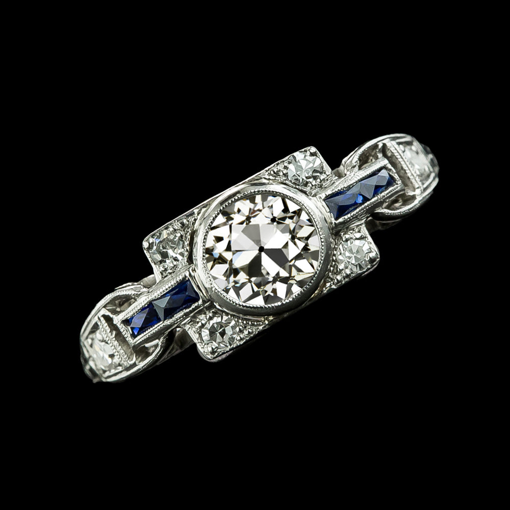 Bezel Old Miner Round Diamond Ring Baguette Sapphires