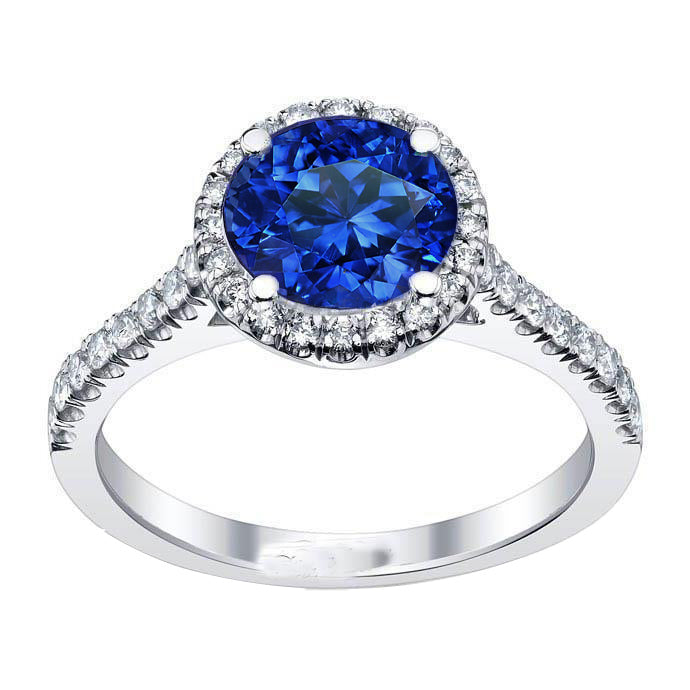 Round Sri Lanka Blue Sapphire Halo Diamond Ring Gold