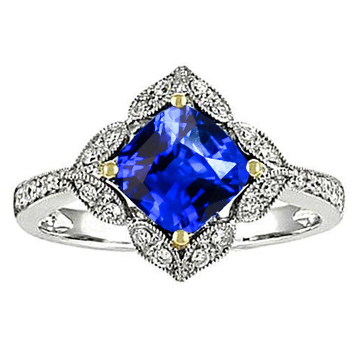 Cushion Sri Lanka Sapphire Natural Earth Mined Diamonds Ring 5.66 Ct. Two Tone Gold