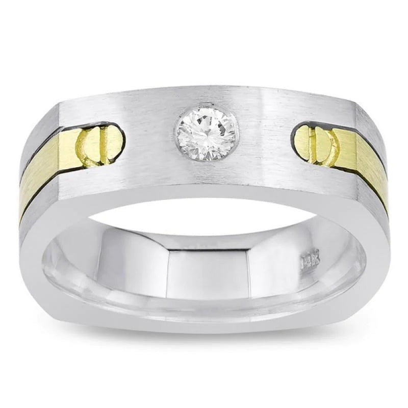 Solitaire Euro Shank Men Ring Two Tone Round Diamond