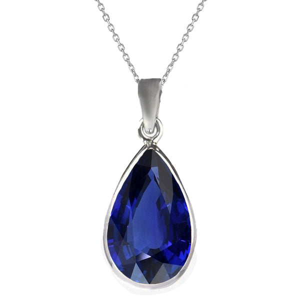 Solitaire Pendant Pear Blue Sapphire Teardrop Bezel Set