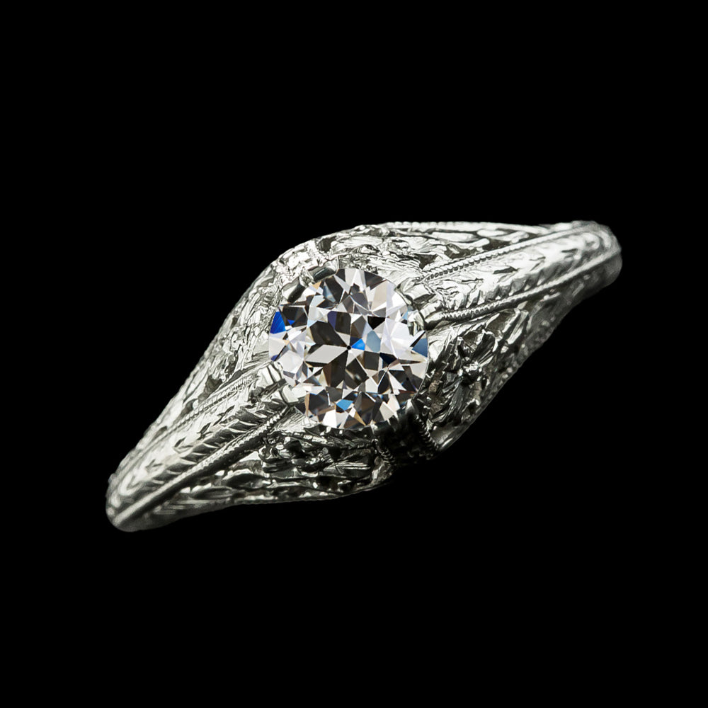 Solitaire Ring Old Cut Round Diamond Antique Style 1.50 Carats Milgrain