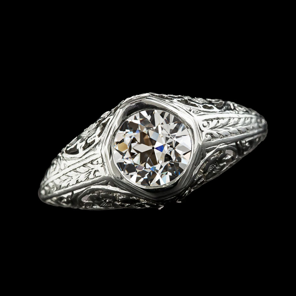 Old European Solitaire Ring Bezel Set Vintage Style Round Diamond