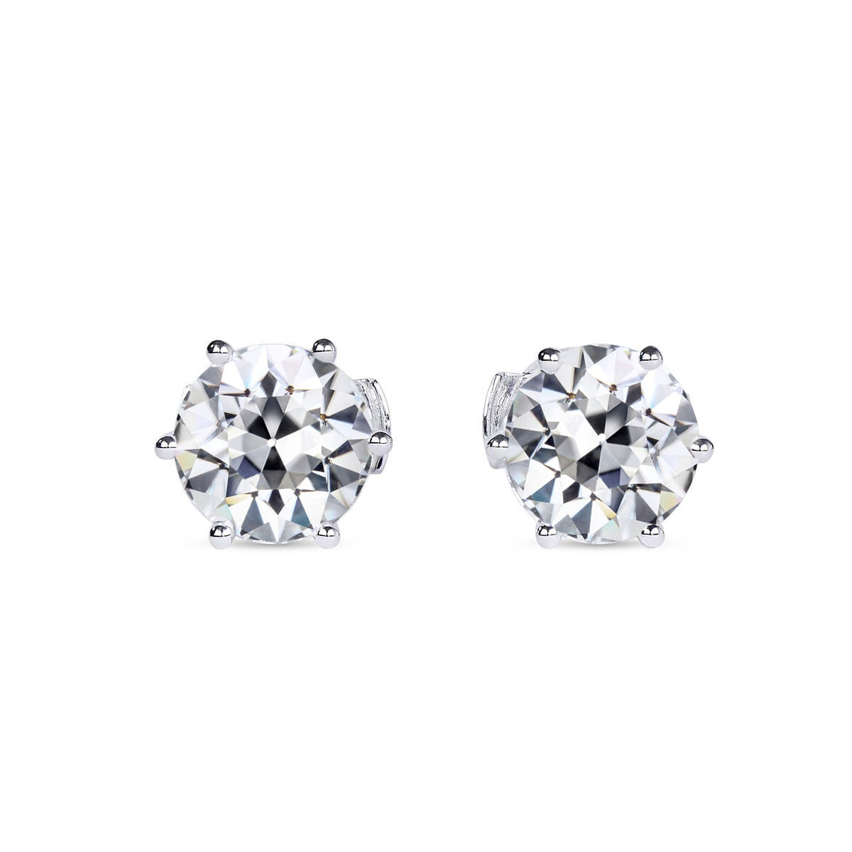 Solitaire Round Old Cut Diamond Stud Earrings 6 Prong Set 3 Carats