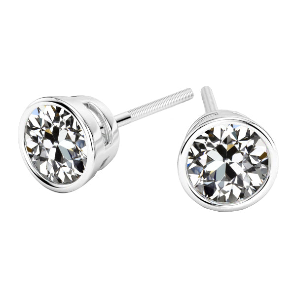 Solitaire Stud Earrings Old Mine Cut Diamonds Bezel 4 Carats