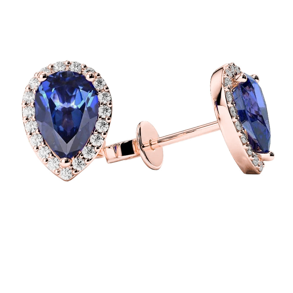 Sri Lanka Sapphire Halo Studs Earrings Fancy Princess Cut Style Diamonds Rose Gold