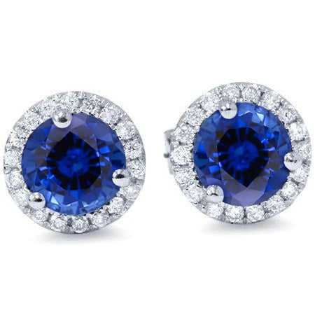 Elegant Woman's Sri Lankan Sapphire Round Cut Halo Diamond Stud Earring