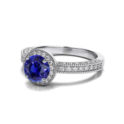 High Quality Unique Sri Lankan Sapphire Diamond Ring White Gold Vintage Style