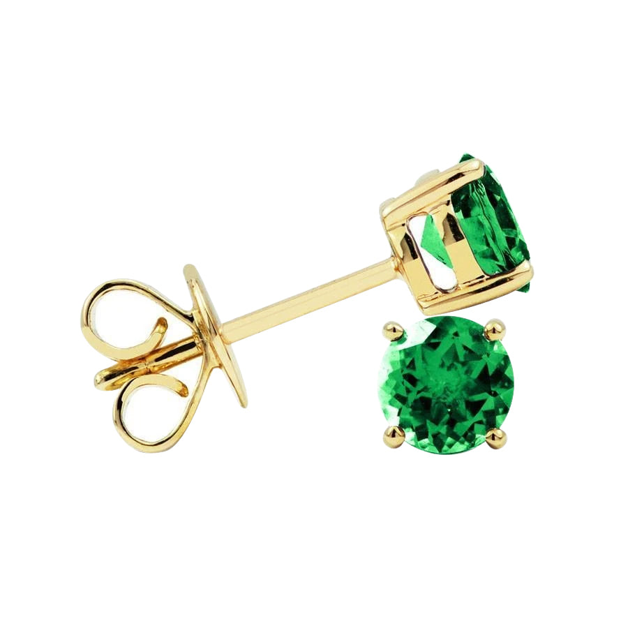 Studs Earrings Yellow Gold Round Cut Green Emerald